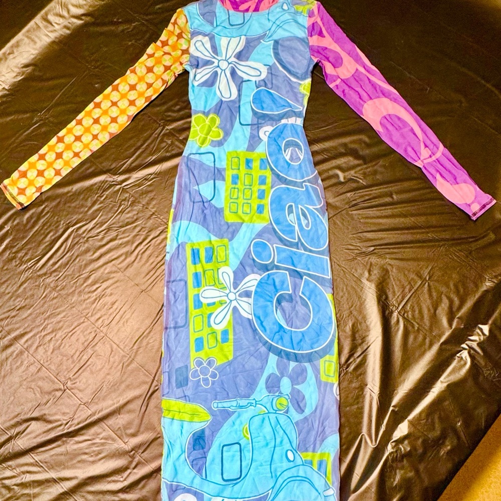 Zoe Urban Outfitters Printed Ciao Blue Green Long Sleeve Midi Dress